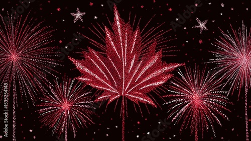 Canadian Celebration: A vibrant artistic rendering of Canadian pride featuring a prominent maple leaf, illuminated by a spectacular fireworks display, and set against the backdrop of a starry night.