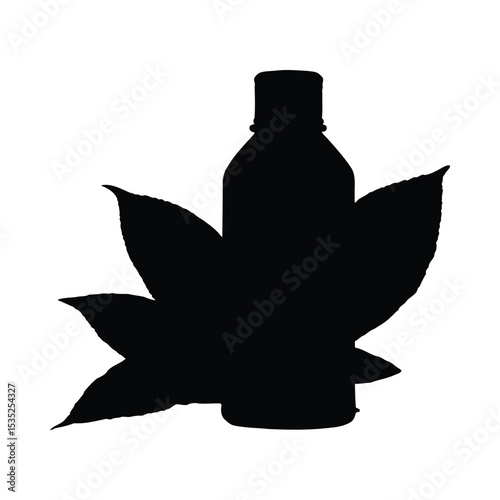 Silhouette of a medicine bottle surrounded by cannabis leaves on a clean white background