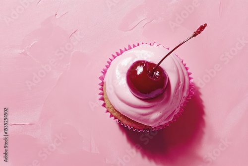 Delightful single cupcake with cherry atop pink frosting on textured backdrop