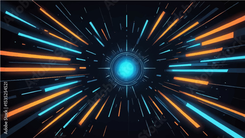 blue and orange neon dark streaks radiating from the center on a dark background, evoking themes of technology and bots.
