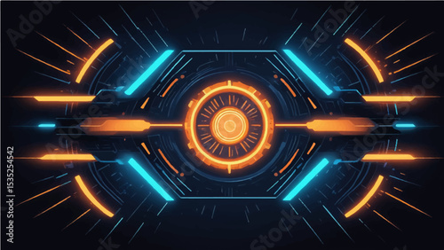blue and orange neon dark streaks radiating from the center on a dark background, evoking themes of technology and bots.