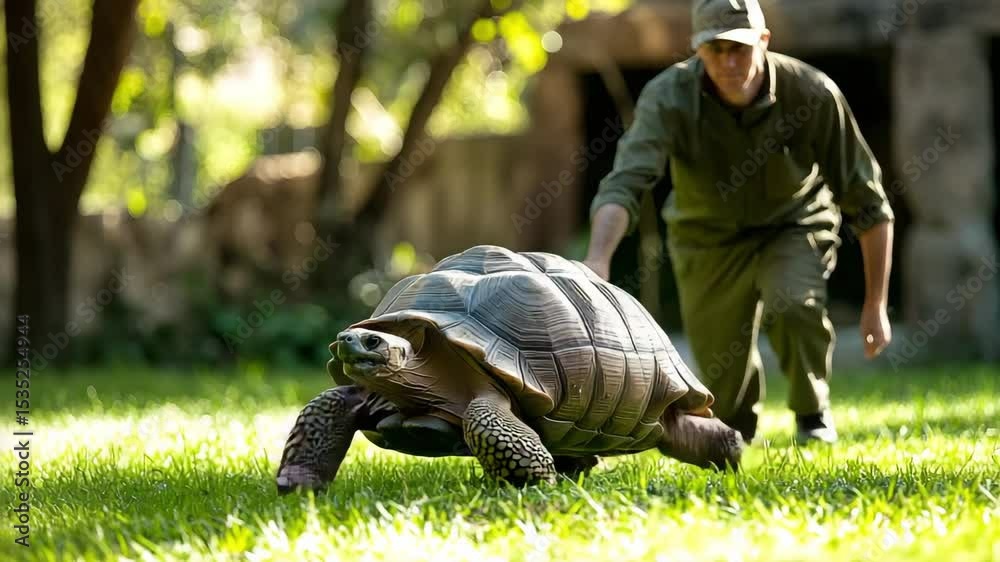 Large tortoise reptile walking slow on green grass in outdoor nature wildlife with person following closely in calm natural environment