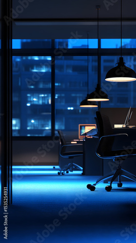Modern office space with blue lighting and cityscape view at night