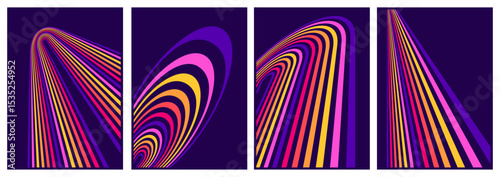 retrofuturism poster design in trend retro line style and neon colors on black dark background. modern art wall poster retro vintage 70s style stripes background template lines shapes vector design