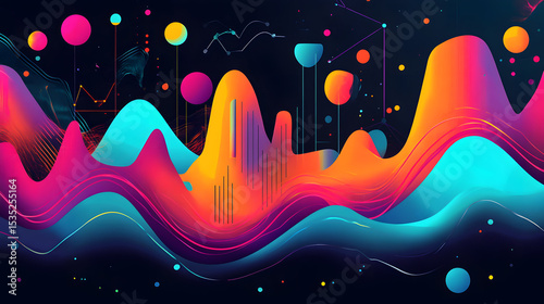 Vibrant Abstract Waves with Neon Colors and Geometric Shapes