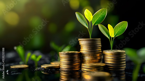 Stacks of coins with growing plants symbolizing financial growth and sustainability