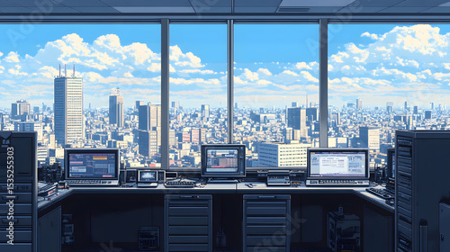 Control Room with Cityscape View