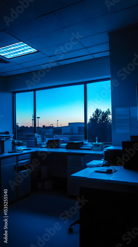 Empty office space bathed in blue light with a view of the evening sky through large windows