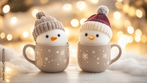 Cozy winter delight: Adorable snowman mugs sharing a warm winter wonderland moment