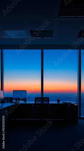 Modern office interior with a desk and chair, overlooking a vibrant sunset through large windows.