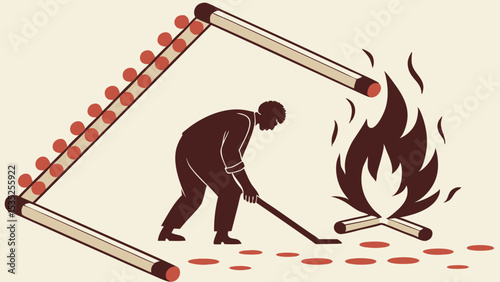 Black vector silhouette illustration of a man with fire for winter sports activity