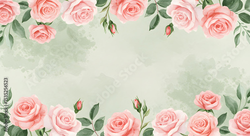 Elegant Watercolor Roses Border Frame Pastel Pink Floral Background Design