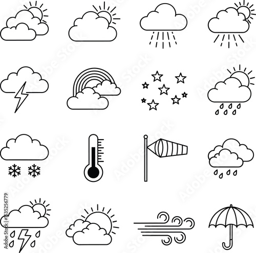 Minimalist Weather Icons in Black and White Line Art Style
