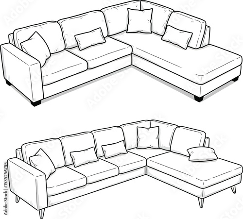 Hand-Drawn Sectional Sofa Illustration in Minimalist Mid-Century Style