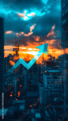 Upward Arrow Over Cityscape at Sunset, Symbolizing Growth and Progress