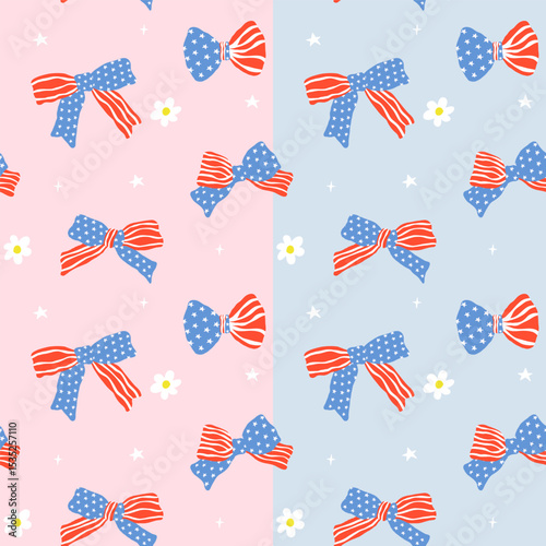 Retro Coquette 4th of July America Ribbon Bow  Girly Seamless Pattern Red White Blue Minimal Wallpaper Isolated on Background