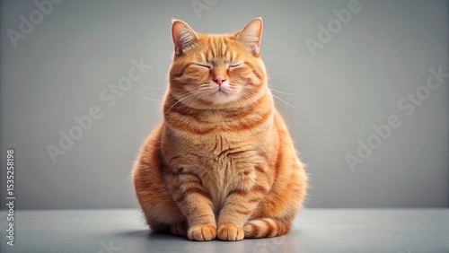 A chubby red cat sits comfortably with eyes closed, paws tucked under its body, in a serene and peaceful pose