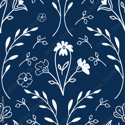 Elegant White Botanical Garland Seamless Pattern on Midnight Navy Background