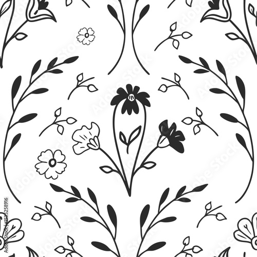 Seamless Bold Black and White Stylized Floral Pattern Background