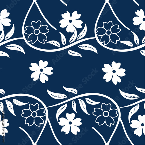 Seamless White Floral Vine Pattern on Deep Navy Background