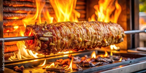 Close-up of juicy Turkish doner kebab sizzling on a wooden grill over an open flame in a bustling restaurant kitchen , doner kebab, grilled meat