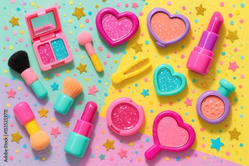 Colorful Kids Makeup Toys Flat Lay with Glitter Brushes and Heart-Shaped Accessories on Pastel Background