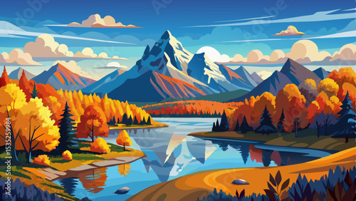 Scenic view of Oxbow Bend in autumn, featuring colorful fall foliage reflected on the calm river waters. Majestic snow-capped mountains rise in the background under a clear blue sky
