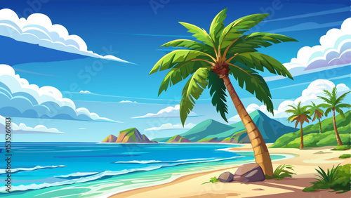 Stunning view of a beautiful palm tree on a tropical island beach with soft white sand, turquoise ocean, and clear blue sky with scattered white clouds on a sunny day. Perfect natural summer landscape