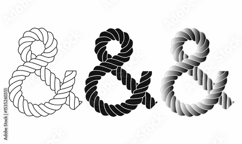 Ampersand symbol vector in twisted rope style, includes outline, solid black, and gradient shaded versions. Ideal for nautical logos, vintage decor, or design accents.
