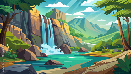 Beautiful view of Dry Nur Waterfall surrounded by rugged rocks and green forest, cascading gently into a clear stream below. Serene natural landscape with fresh vegetation and peaceful atmosphere