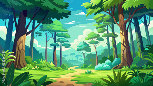 Beautiful lush green summer forest with tall trees and vibrant foliage under a bright blue sky. Peaceful and refreshing spring or summer background, ideal as a nature-themed backdrop