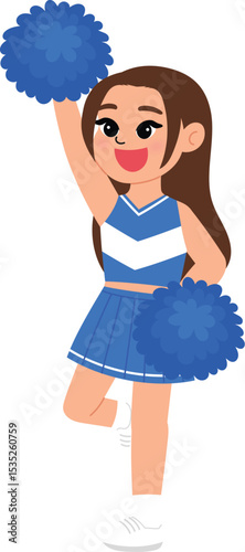 cute girl in cheerleading blue uniform, smile cheerleader dance and jump, cheerful support sport game, smile cheerleader girl with pom-pom entertain and cheering competition sport day