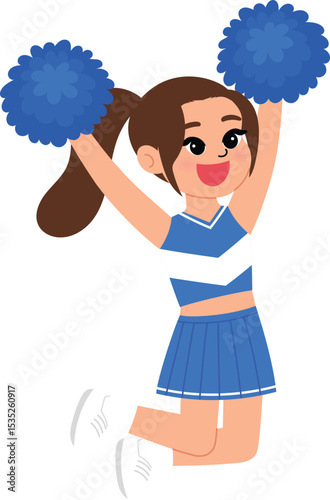 cute girl in cheerleading blue uniform, smile cheerleader dance and jump, cheerful support sport game, smile cheerleader girl with pom-pom entertain and cheering competition sport day