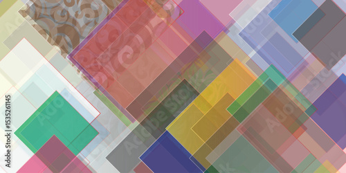 Abstract geometric pattern design featuring overlapping colorful squares with transparent layers and subtle decorative elements.