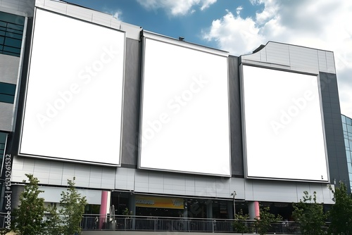 Three Vertical Billboards on the Shopping Center Building: High-Visibility Commercial Advertising