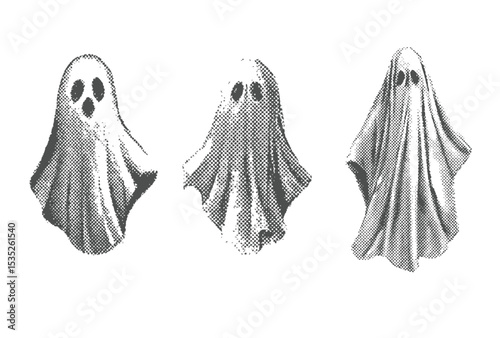 A halftone-style illustration of Creepy Halloween ghost ., Creepy, Halloween, zombie, hand, gravestone,  ghost, boo 