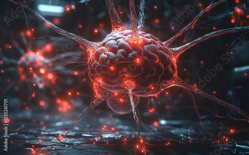 3D rendered illustration of interconnected neurons, depicting human brain neuronal firing, dynamic process of brain activity and neural connections.