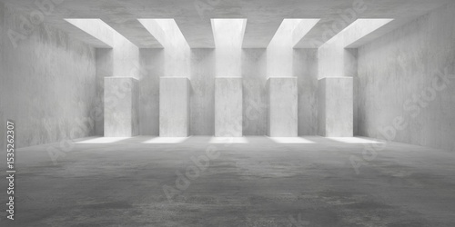 Abstract empty, modern concrete room with rectangle openings, counter blocks and rough floor - industrial interior background template