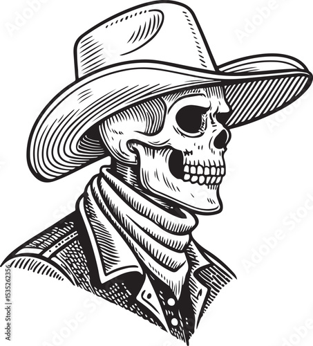Skeleton Skull in Cowboy Hat Vector Illustration, Sketch Drawing Line Linear Symbol Icon Engraving Coloring Book, Hand-drawn Black and White Isolated