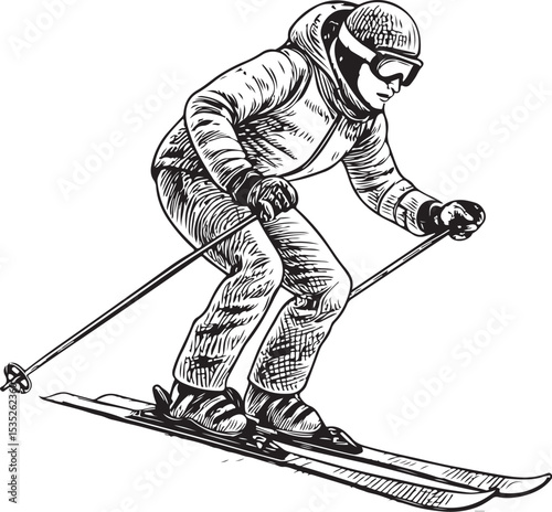 Skier Ski Skiing Winter Sport Vector Illustration, Sketch Drawing Line Linear Symbol Icon Engraving Coloring Book, Hand-drawn Black and White Isolated