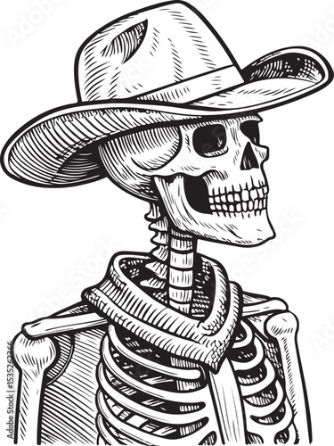 Skeleton Skull in Cowboy Hat Vector Illustration, Sketch Drawing Line Linear Symbol Icon Engraving Coloring Book, Hand-drawn Black and White Isolated