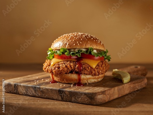 hamburger on a wooden table photo