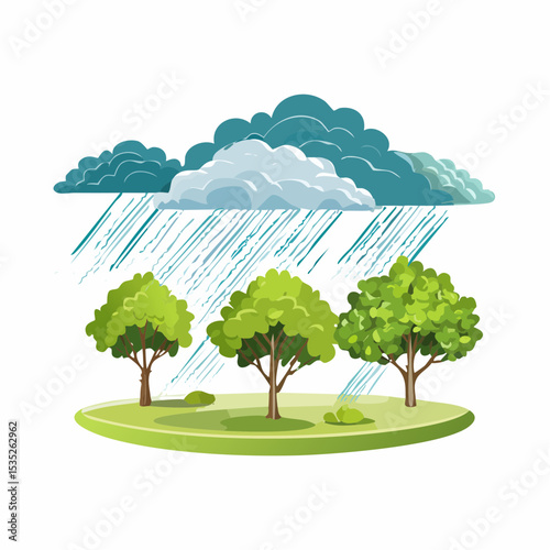 Vector Rain and storm winds blowing trees