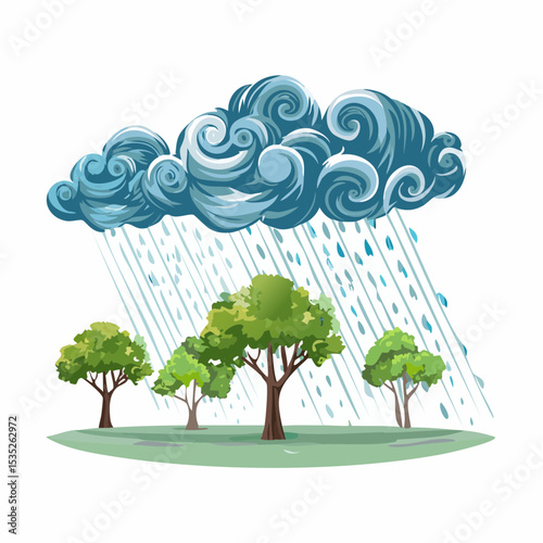 Vector Rain and storm winds blowing trees