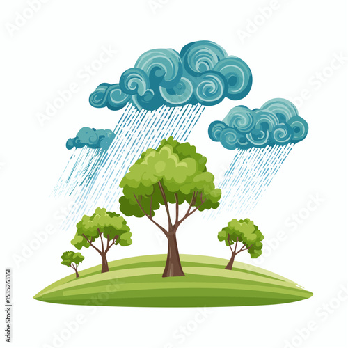 Vector Rain and storm winds blowing trees