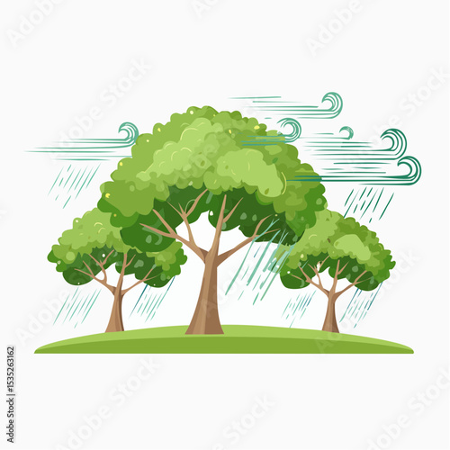 Vector Rain and storm winds blowing trees