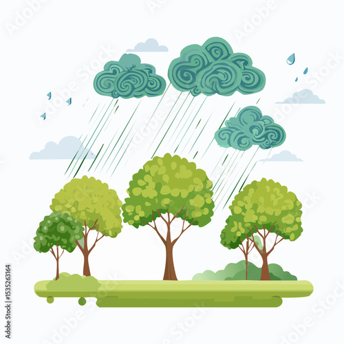 Vector Rain and storm winds blowing trees