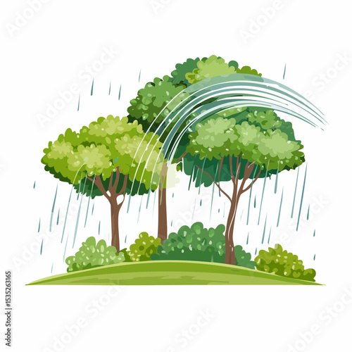 Vector Rain and storm winds blowing trees