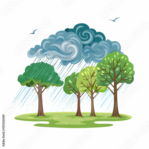 Vector Rain and storm winds blowing trees