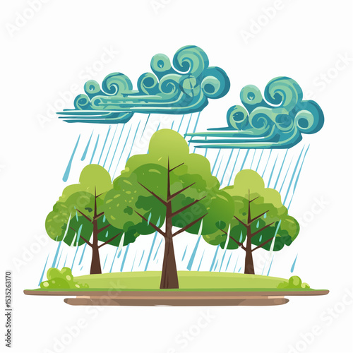 Vector Rain and storm winds blowing trees